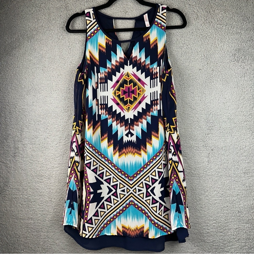 xhilaration Dress Womens Large Blue Multicolor Aztec Tribal Western Whimsical